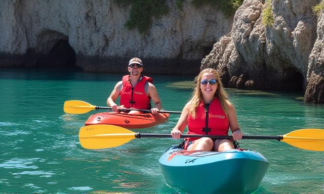 To personer padler kajakker langs en kystlinje