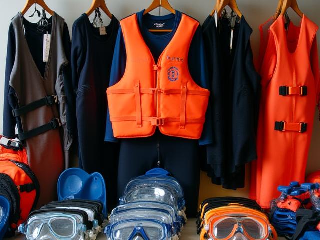 Et udvalg af vandsportsudstyr, herunder redningsveste, våddragter og snorkleudstyr.