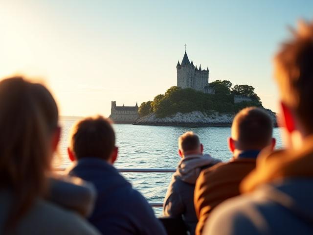 Gruppe på en guidet sejltur med en kystlinje og et slot i baggrunden.