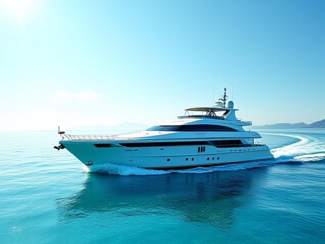 Luksusyacht med soldæk, der sejler på blåt vand under en klar himmel.